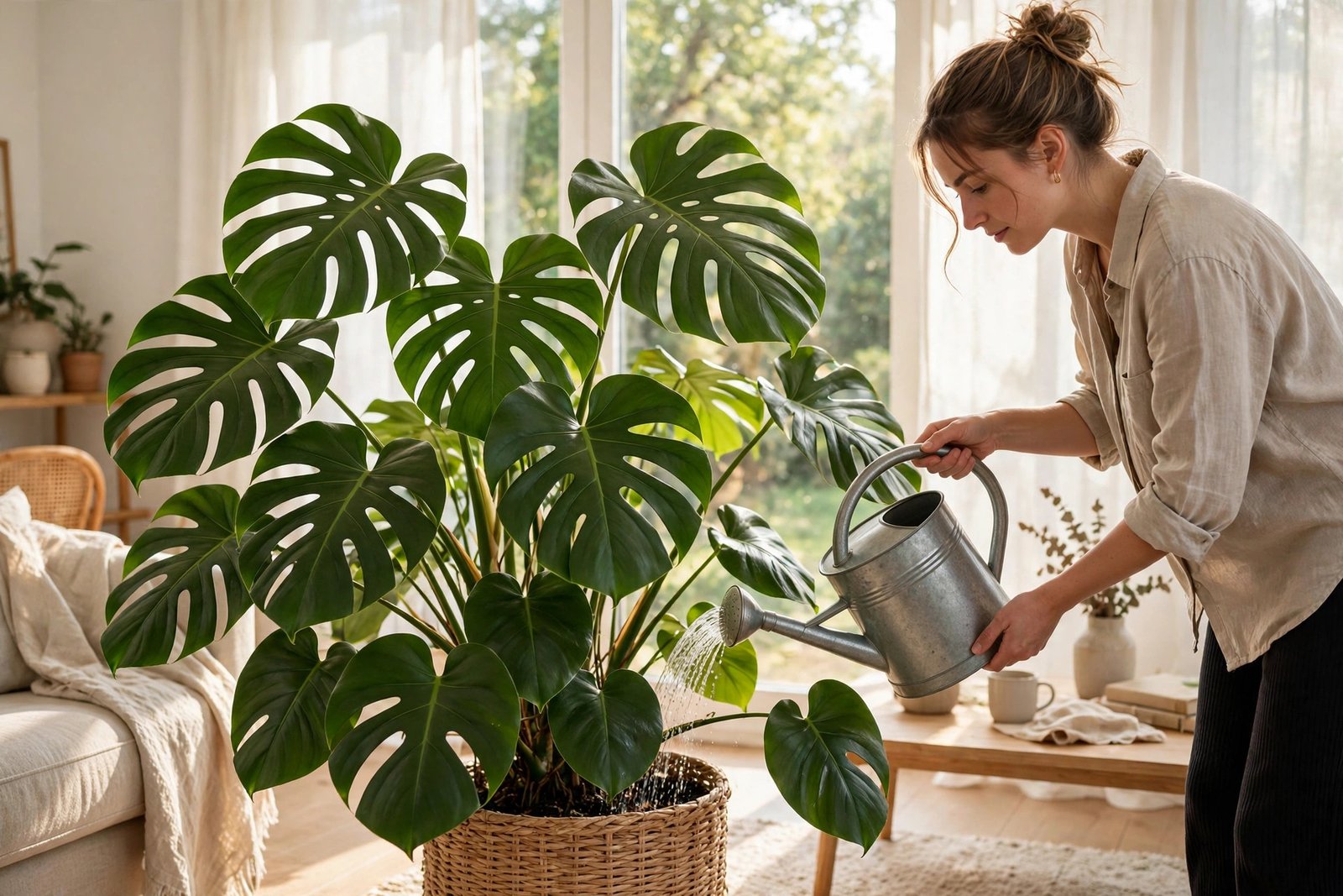Woman watering a large monstera in a sunlit room