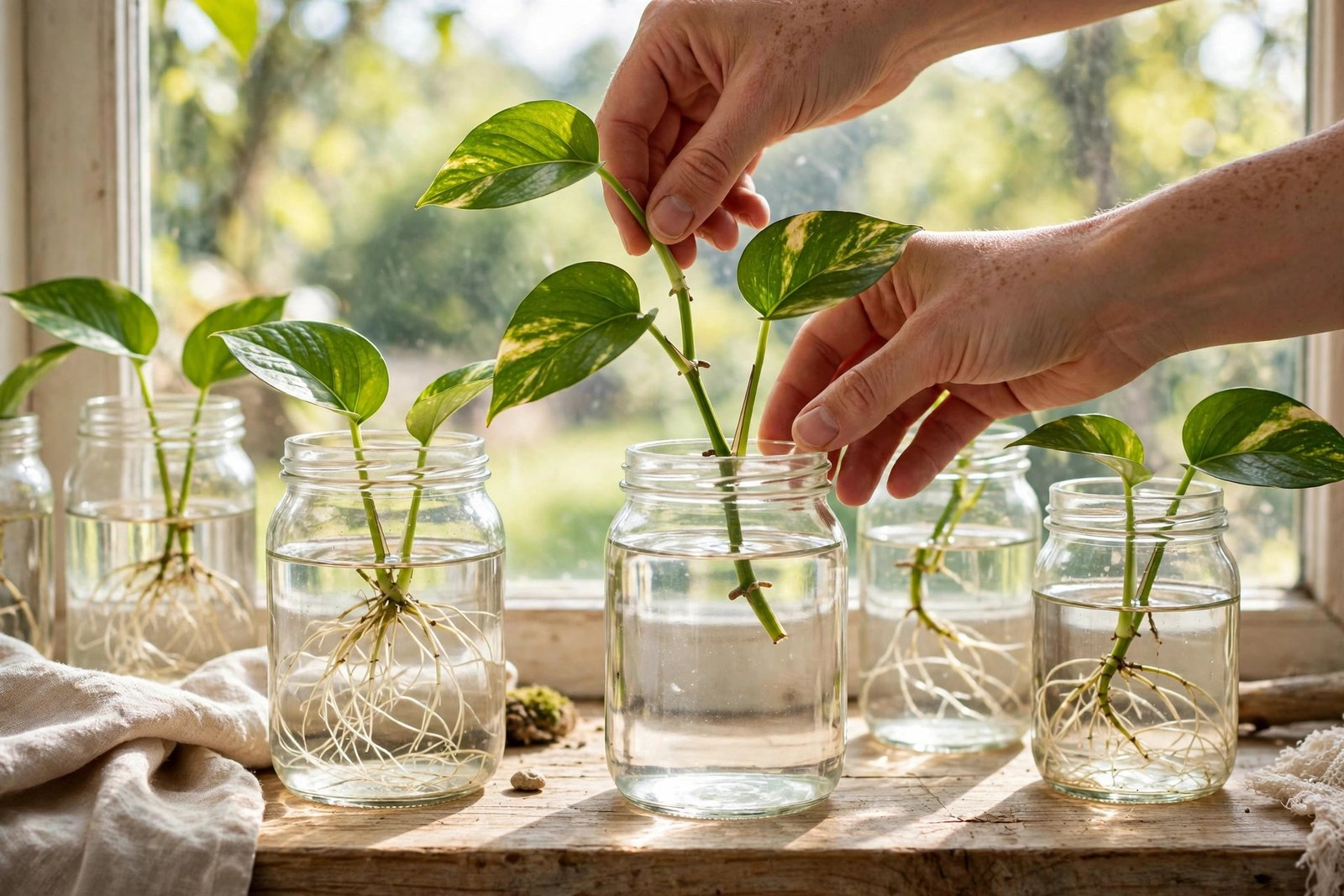 Hands placing pothos cuttings in jars on a sunny windowsill