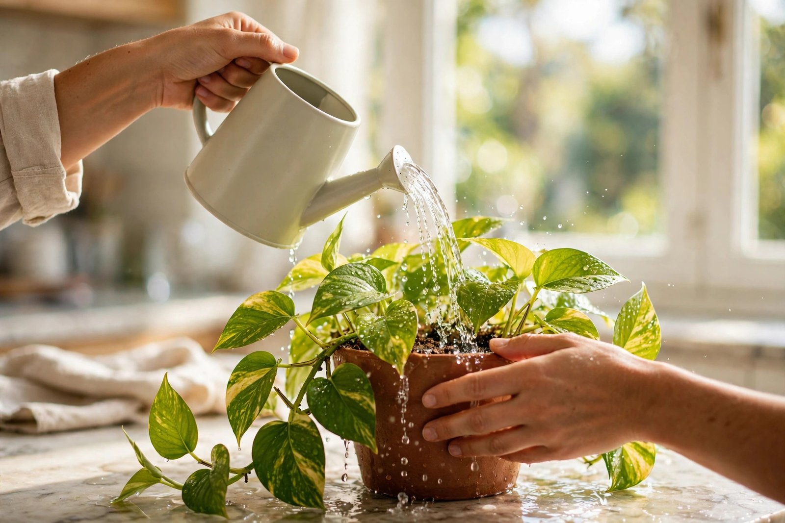 Hands watering a trailing pothos by a bright window