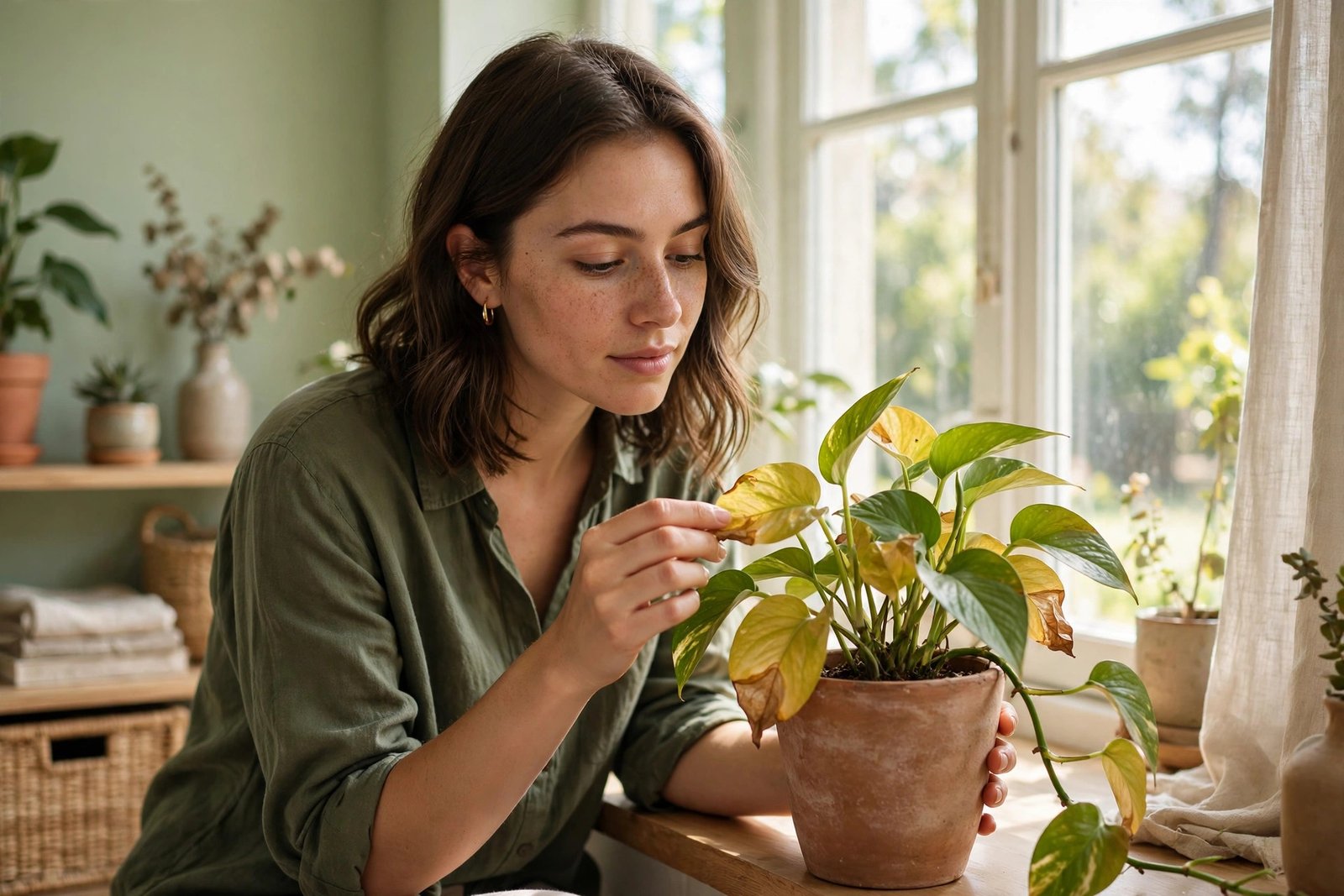 Woman examining a yellowing pothos by a bright window